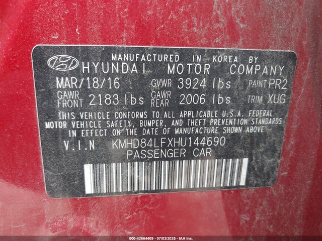KMHD84LFXHU144690 Hyundai 2017