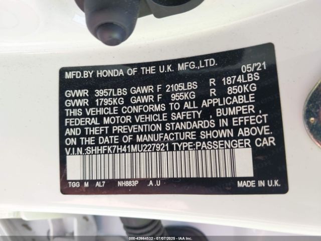 2021 HONDA CIVIC SHHFK7H41MU227921 Photo 8