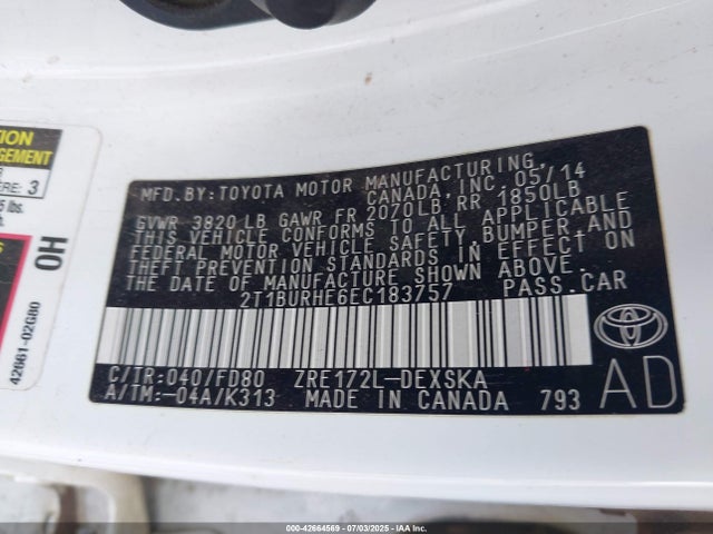 42664569 :رقم المزاد ، 2T1BURHE6EC183757 vin ، 2014 Toyota Corolla S Plus مزاد بيع