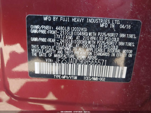 JF2SJADC9GH565571 Subaru naturally aspirated u5
