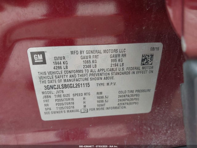 Chevrolet luv - mfi, vvt, alum, gme e85 max 2016 3GNCJLSB6GL261115 Image 9