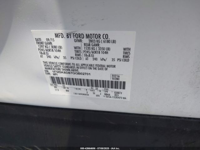 2016 FORD EXPLORER 1FM5K8D87GGB02701 Photo 8