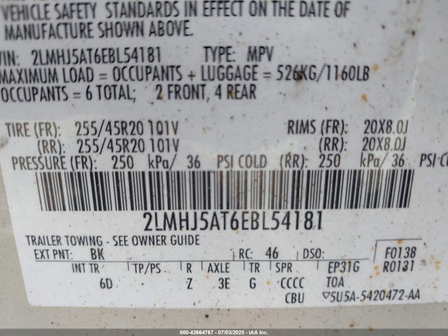 2LMHJ5AT6EBL54181 Lincoln MKT