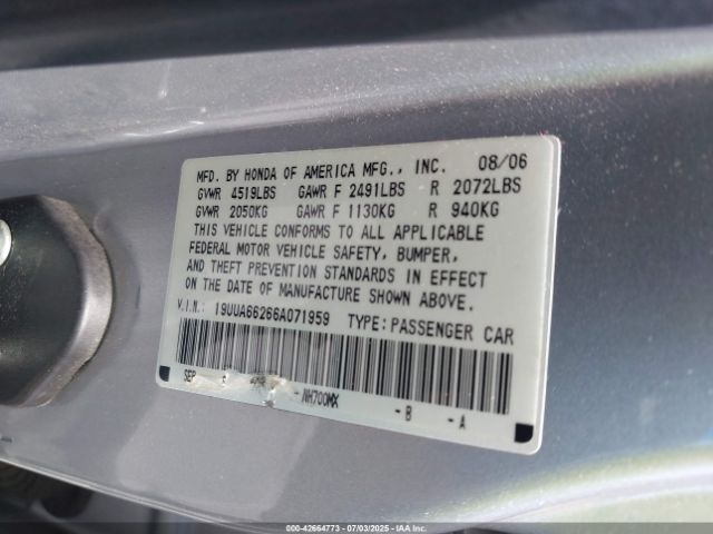 2006 ACURA TL 19UUA66266A071959 Photo 8