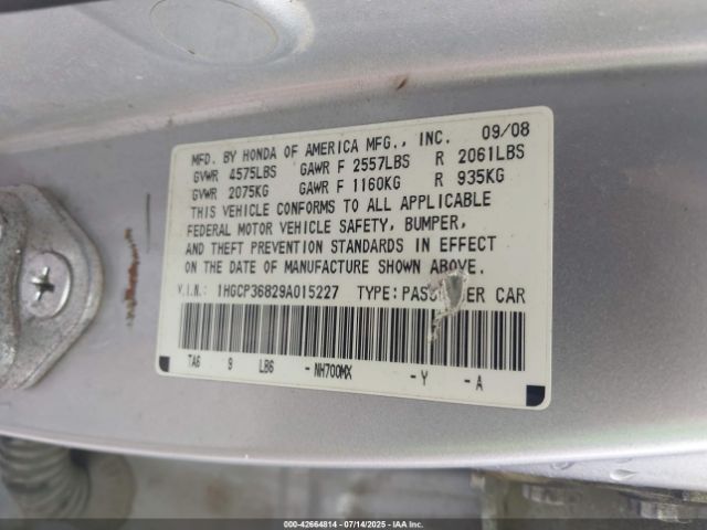 2009 HONDA ACCORD SDN 1HGCP36829A015227 Photo 8