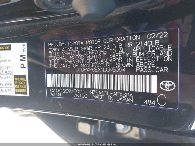 JTDP4MCEXNJ095394 Toyota m20a-fks