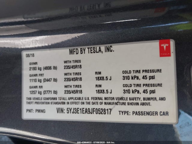 2018 TESLA MODEL 3 5YJ3E1EA9JF052817 Photo 8