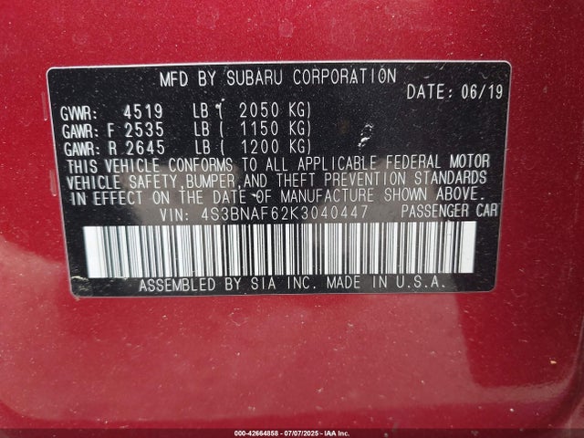 42664858 :رقم المزاد ، 4S3BNAF62K3040447 vin ، 2019 Subaru Legacy 2.5i Premium مزاد بيع