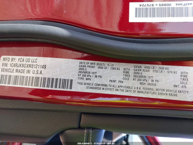 1C4RJKBGXM8121149 Jeep GRAND CHEROKEE L