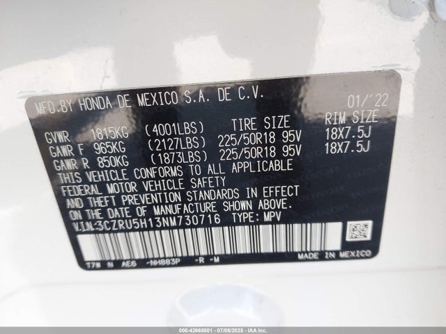 3CZRU5H13NM730716 Honda r18z9