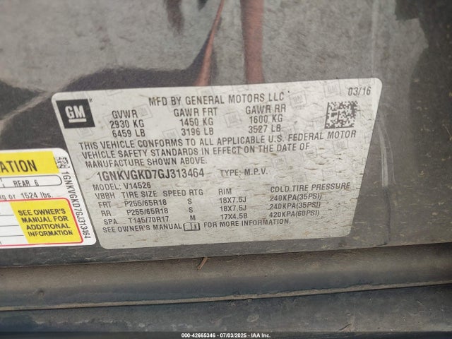 1GNKVGKD7GJ313464 Chevrolet llt - sidi, alum, 60 degrees