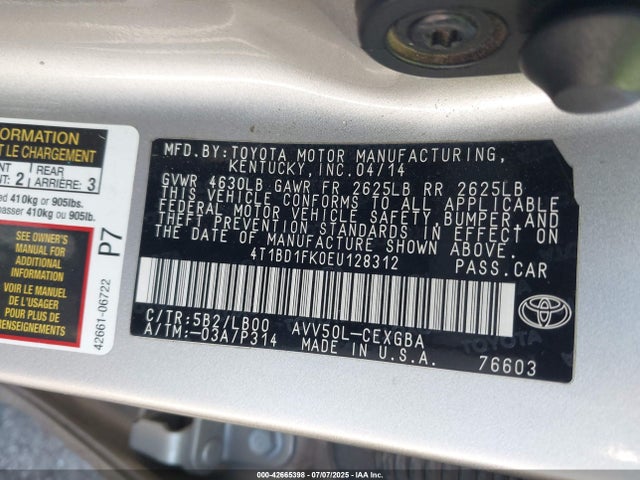 4T1BD1FK0EU128312 Toyota 2ar-fxe+2jm