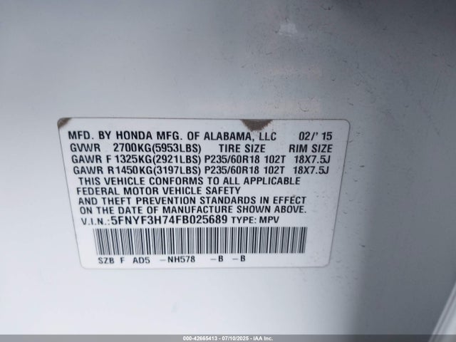 Honda j35z4 2015 5FNYF3H74FB025689 Image 9