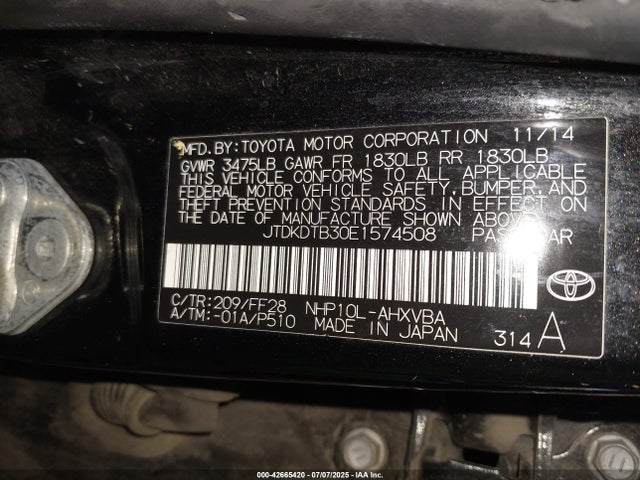 JTDKDTB30E1574508 Toyota 1nz-fxe+1lm
