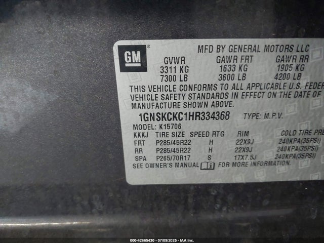 Aukcja sprzedaży 2017 Chevrolet Tahoe Premier, vin: 1GNSKCKC1HR334368, numer aukcji: 42665430