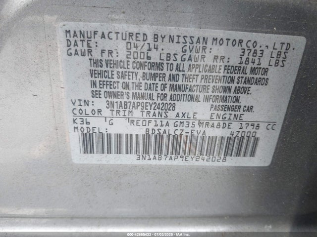 3N1AB7AP9EY242028 Nissan 2014