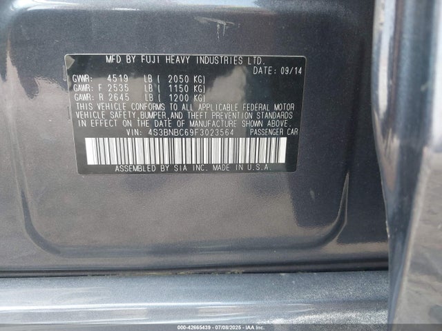 Subaru 2.5l u6 2015 4S3BNBC69F3023564 Image 9