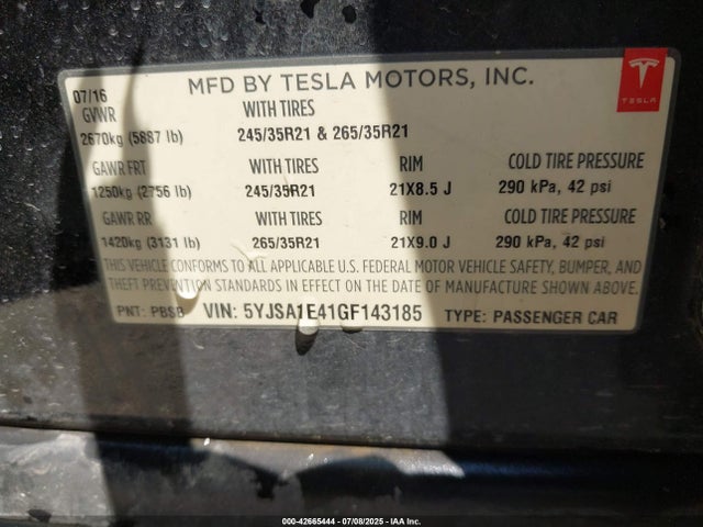 2016 TESLA MODEL S 5YJSA1E41GF143185 Photo 8