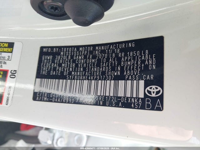 5YFBURHE4KP917307 Toyota 2zr-fe