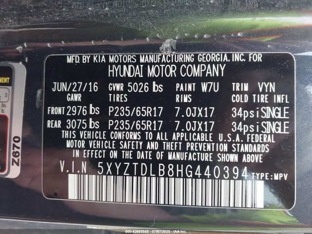 5XYZTDLB8HG440394 Hyundai gdi theta ii