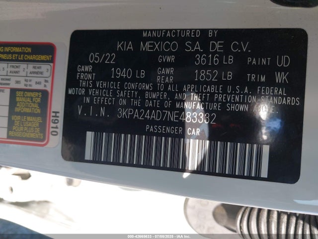 3KPA24AD7NE483332 KIA mpi gamma ii