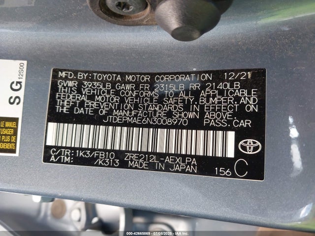 Продаж на аукціоні авто 2022 Toyota Corolla Le, vin: JTDEPMAE6N3008970, номер лоту: 42665869