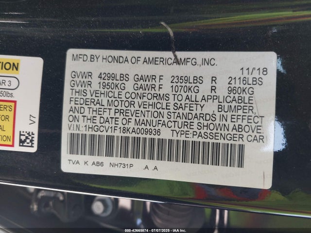 1HGCV1F18KA009936 Honda l15be