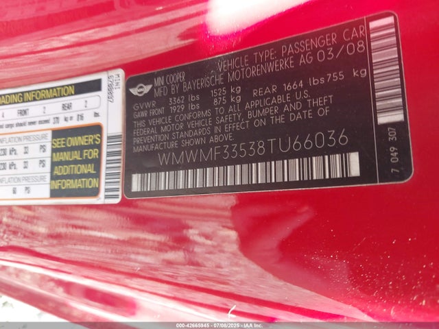 2008 MINI COOPER WMWMF33538TU66036 Photo 8
