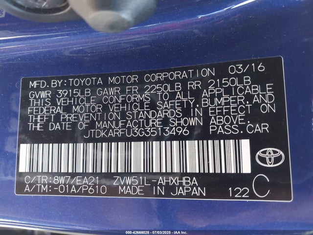 JTDKARFU3G3513496 Toyota 2zr-fxe,1nm
