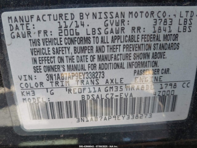 3N1AB7AP9EY338273 Nissan 2014