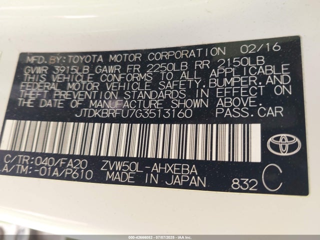 JTDKBRFU7G3513160 Toyota 2zr-fxe,1nm