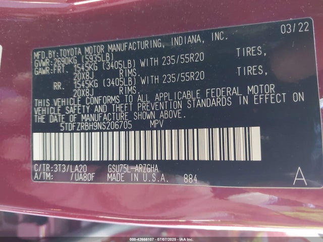 5TDFZRBH9NS206705 Toyota 2gr-fks