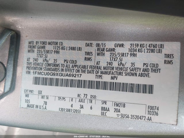1FMCU0G9XGUA69217 Ford 2016