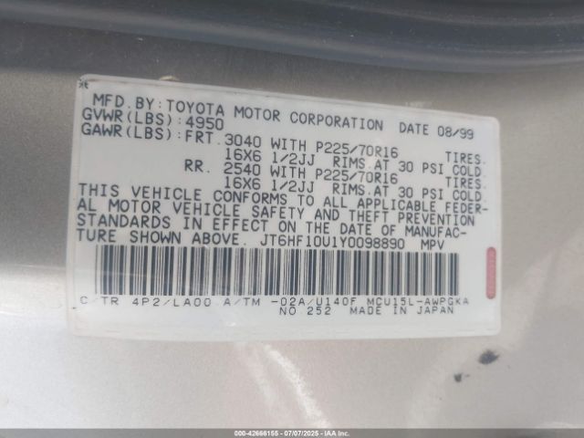 2000 LEXUS RX 300 JT6HF10U1Y0098890 Photo 8