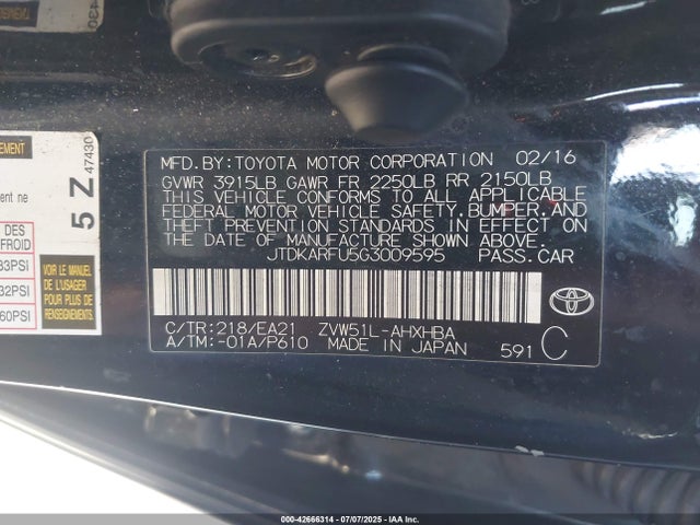 JTDKARFU5G3009595 Toyota 2zr-fxe,1nm