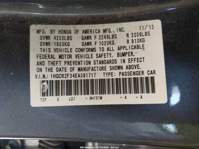 1HGCR2F34EA081717 Honda k24w1