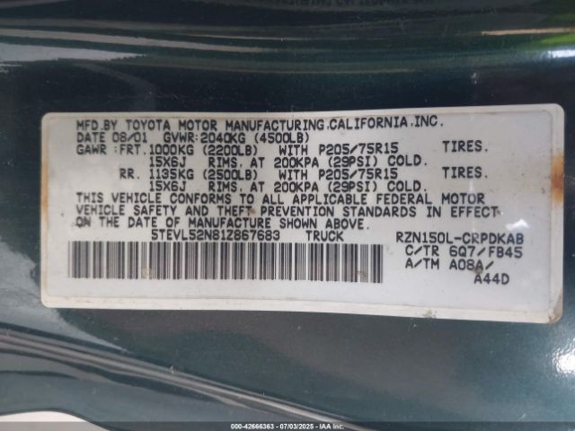 2001 TOYOTA TACOMA 5TEVL52N81Z867683 Photo 8
