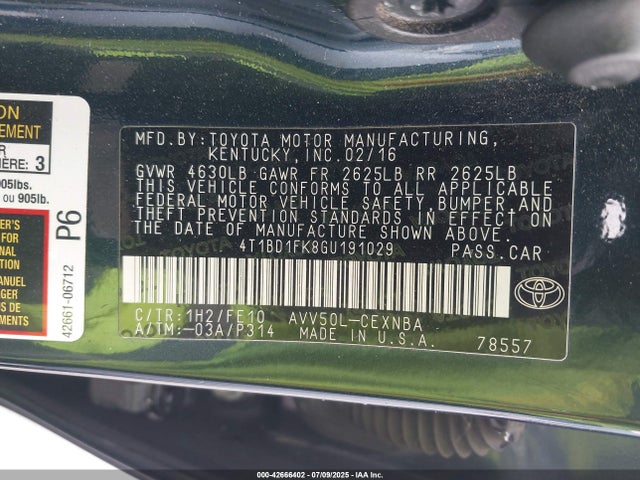 4T1BD1FK8GU191029 Toyota 2ar-fxe+2jm