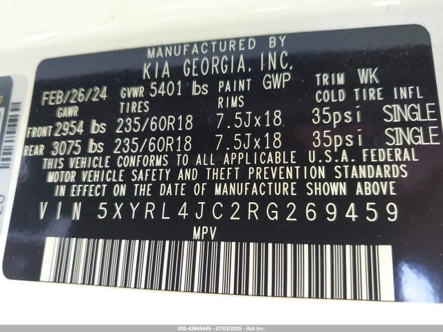 5XYRL4JC2RG269459 KIA gdi theta-iii
