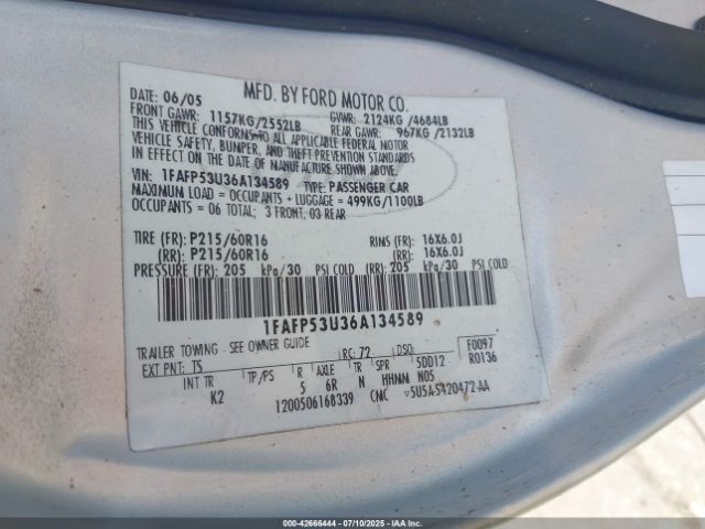 2006 FORD TAURUS 1FAFP53U36A134589 Photo 8