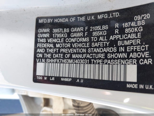 SHHFK7H63MU403031 Honda l15ba