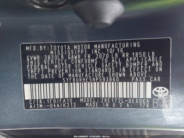 5YFBURHE5HP593860 Toyota 2zr-fe