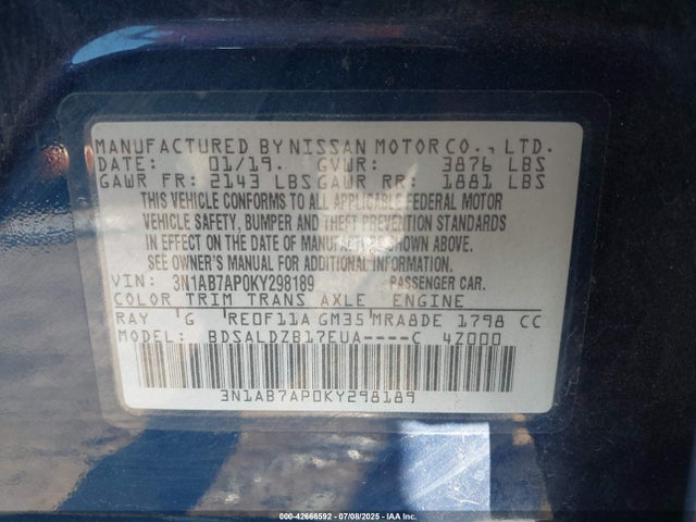 3N1AB7AP0KY298189 Nissan 2019