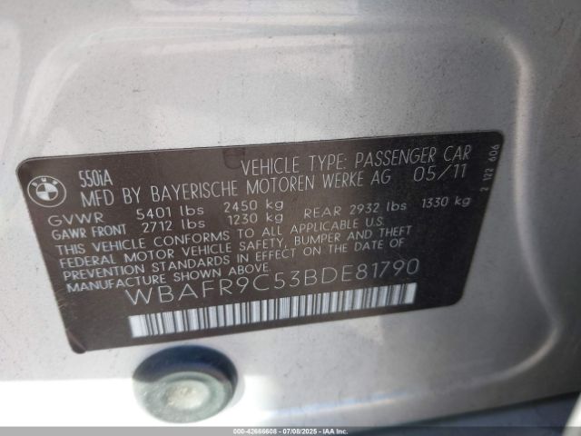 2011 BMW 550I WBAFR9C53BDE81790 Photo 8