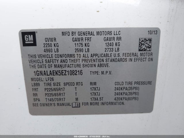 1GNALAEK5EZ108216 Chevrolet lea - flex fuel (gas/alc), aluminum, high output