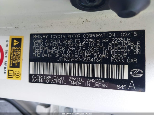Lexus 2zr-fxe+3jm 2015 JTHKD5BH2F2234164 Image 9
