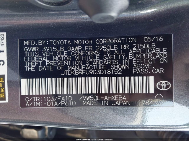 JTDKBRFU9G3018152 Toyota 2zr-fxe,1nm