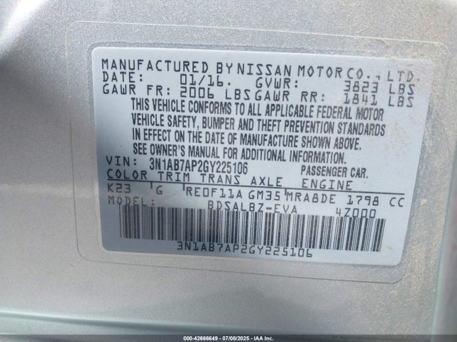 3N1AB7AP2GY225106 Nissan 2016