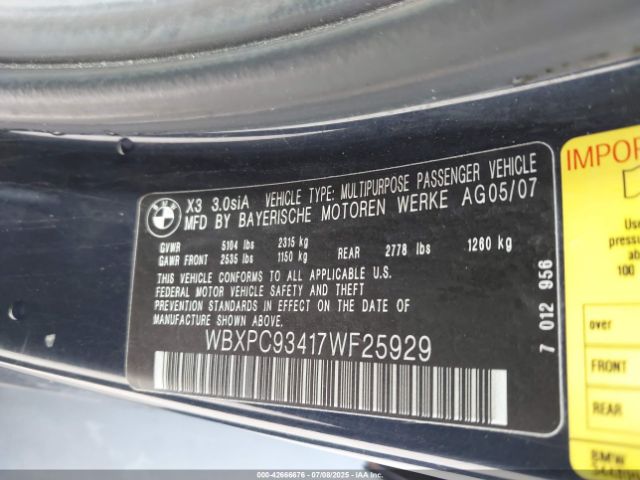 2007 BMW X3 WBXPC93417WF25929 Photo 8