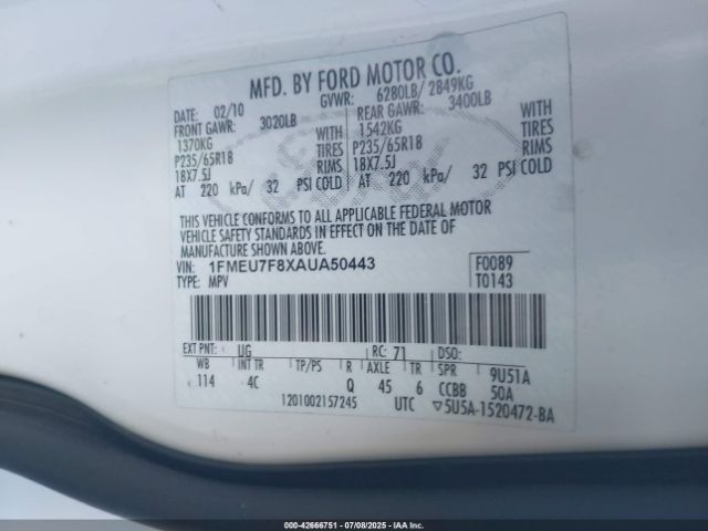 2010 FORD EXPLORER 1FMEU7F8XAUA50443 Photo 8
